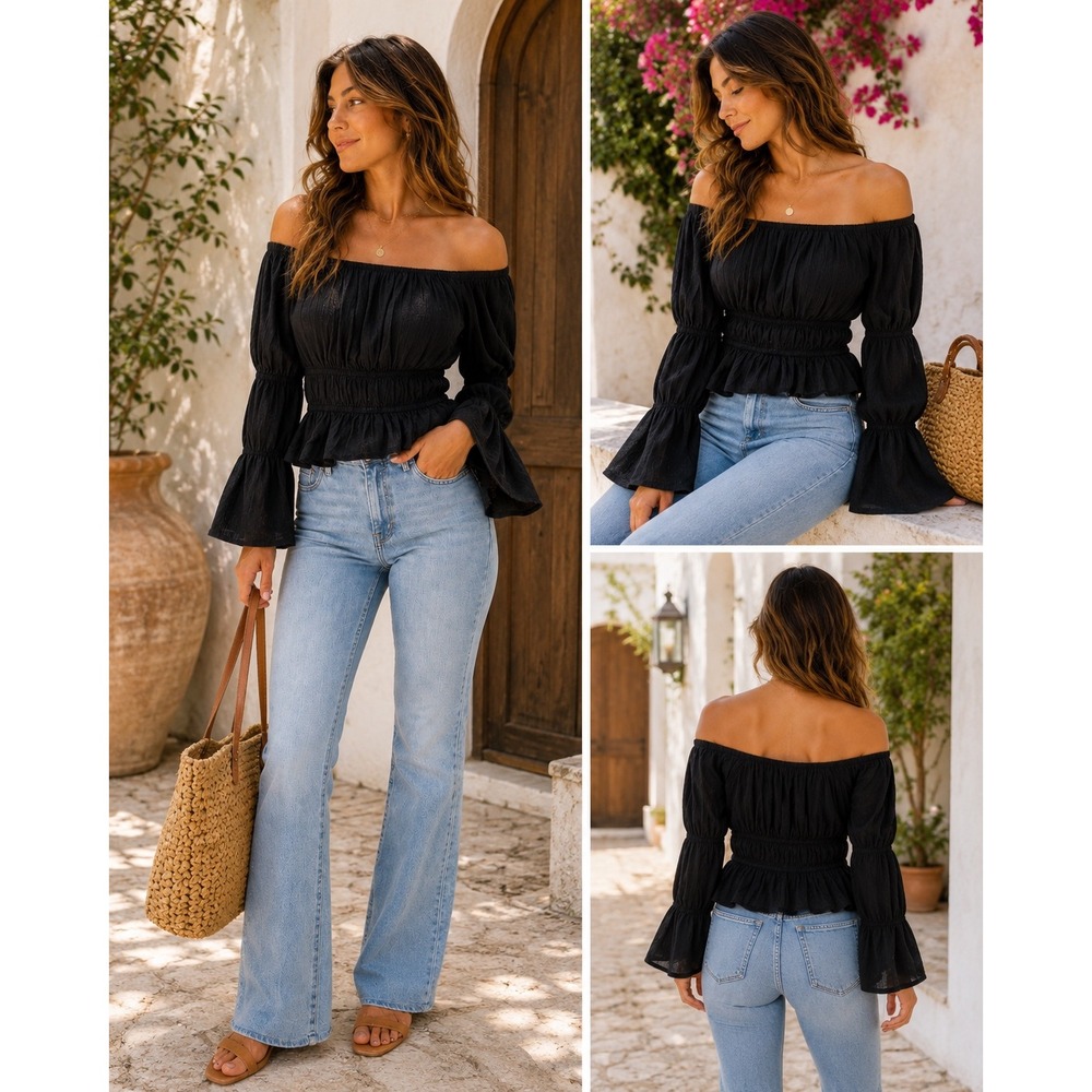 Off Shoulder Peasant Top Womens L Black Smocked Peplum Bell Sleeve 100% Cotton